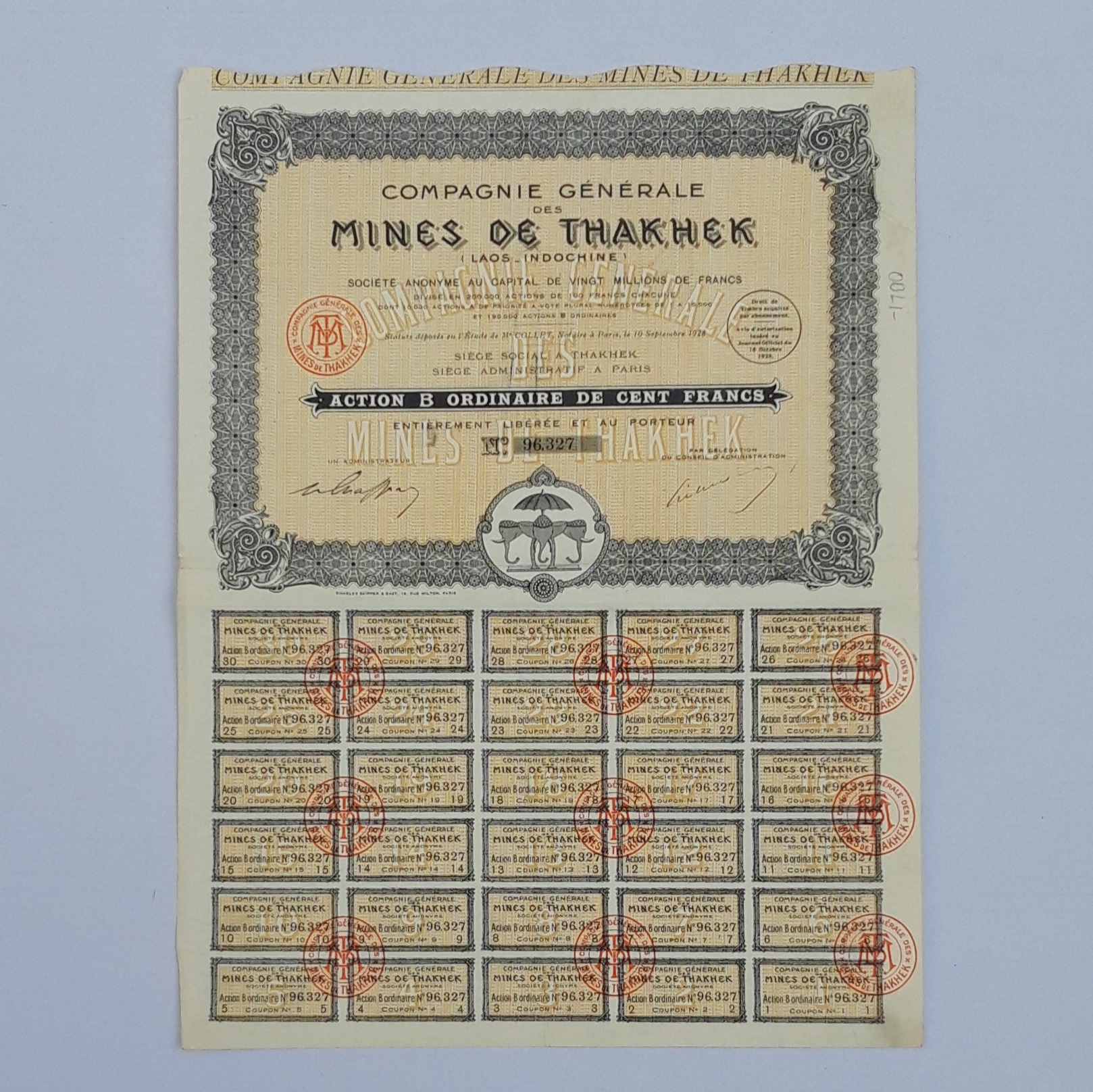 AKCJA COMPAGNIE GENERALE DES MINES DE THAKHEK (LAOS-INDOCHINE) OBLI-10