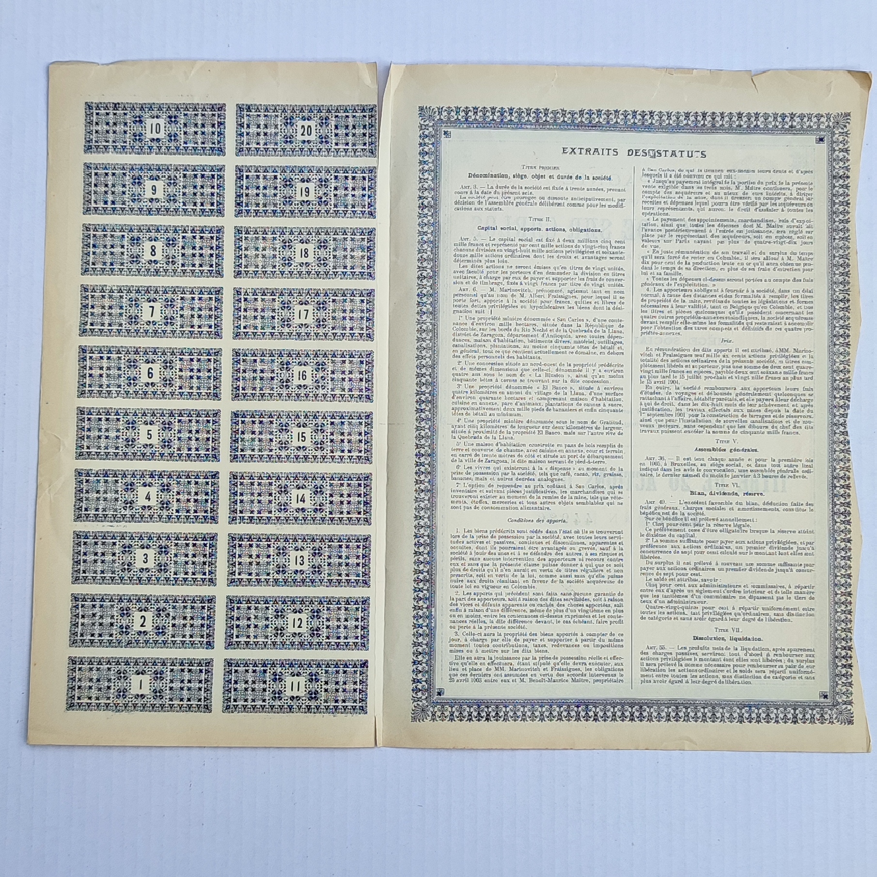 AKCJA SOCIETE ANONYME MINES D'OR DE SAN CARLOS OBLI-14 - obrazek 2