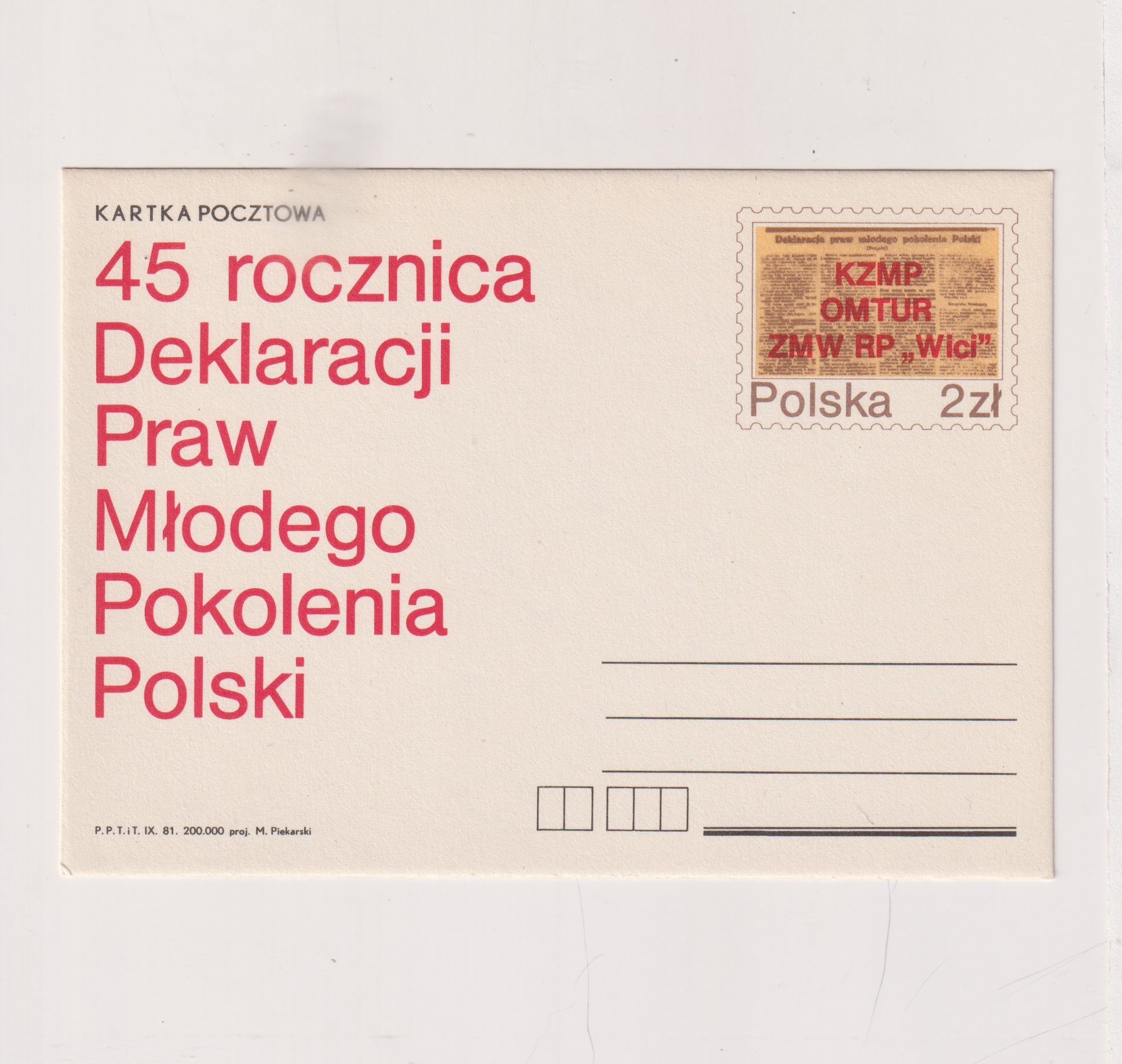 Fi 802 całostka pocztowa Cp 45 rocznica Deklaracji Praw Młodego Pokolenia Polski