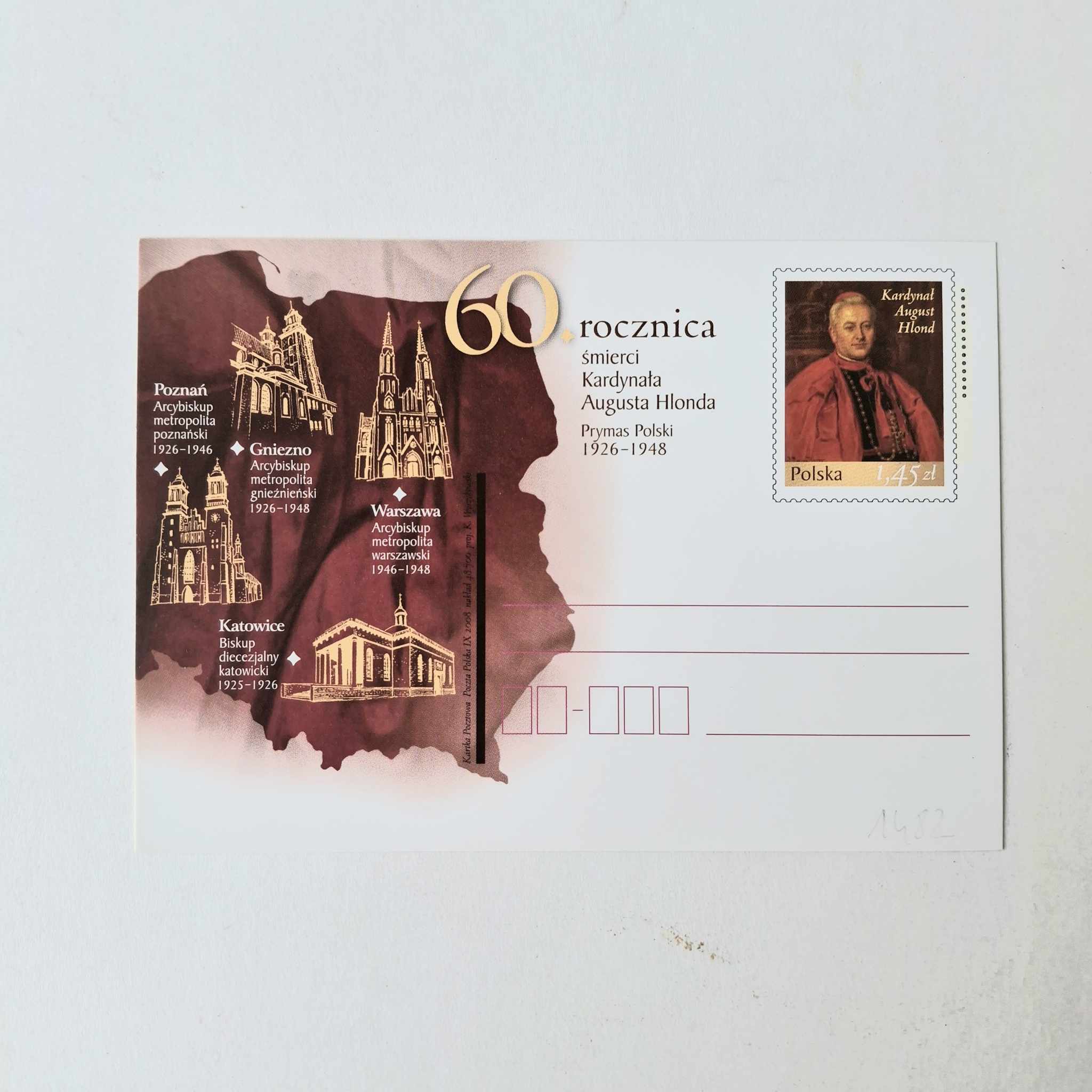 Fi 1482 całostka pocztowa Cp 60. rocznica śmierci Kardynała Augusta Hlonda