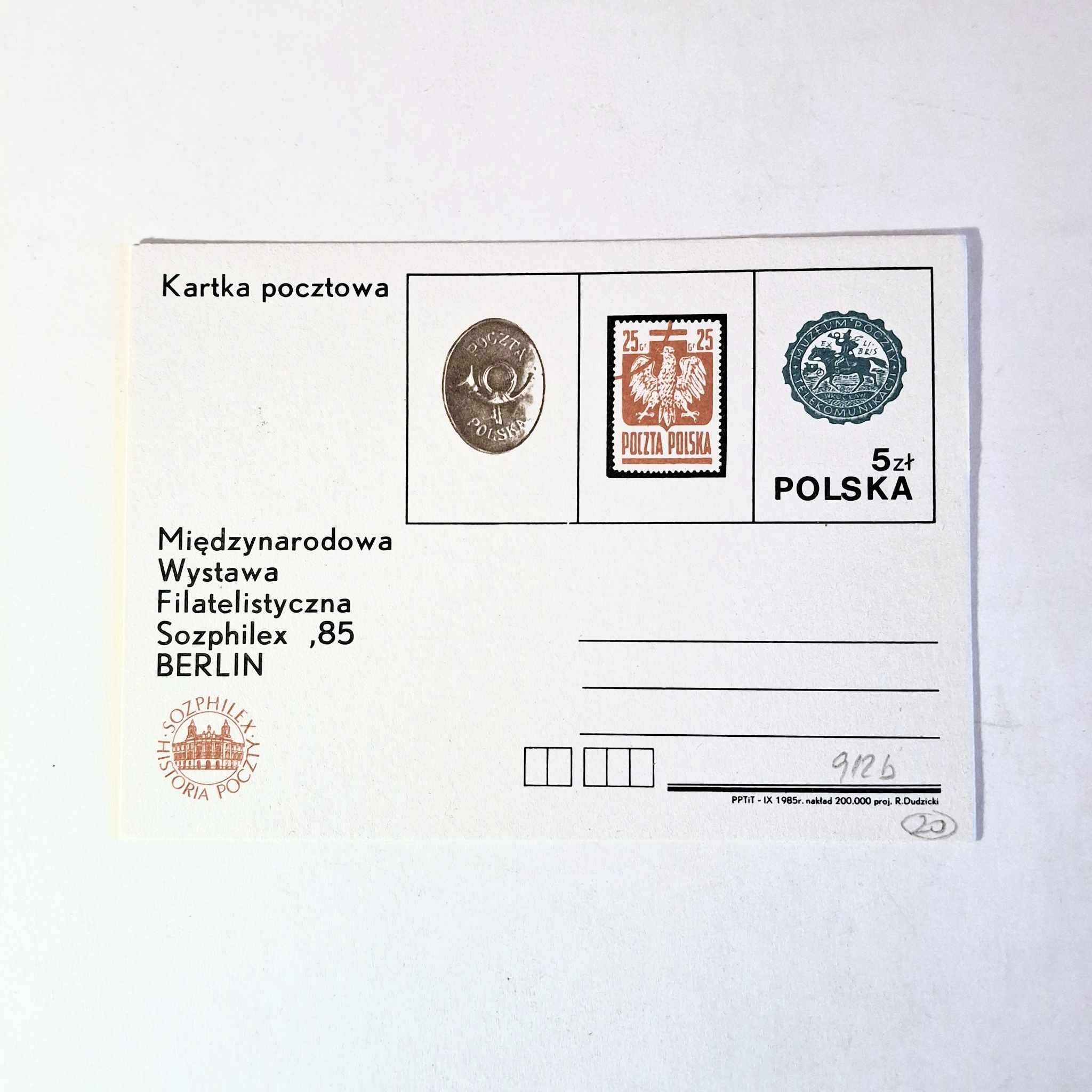 Fi 912 b całostka pocztowa Cp MWF "SOCPHILEX 85" Berlin- Światowy Dzień Poczty