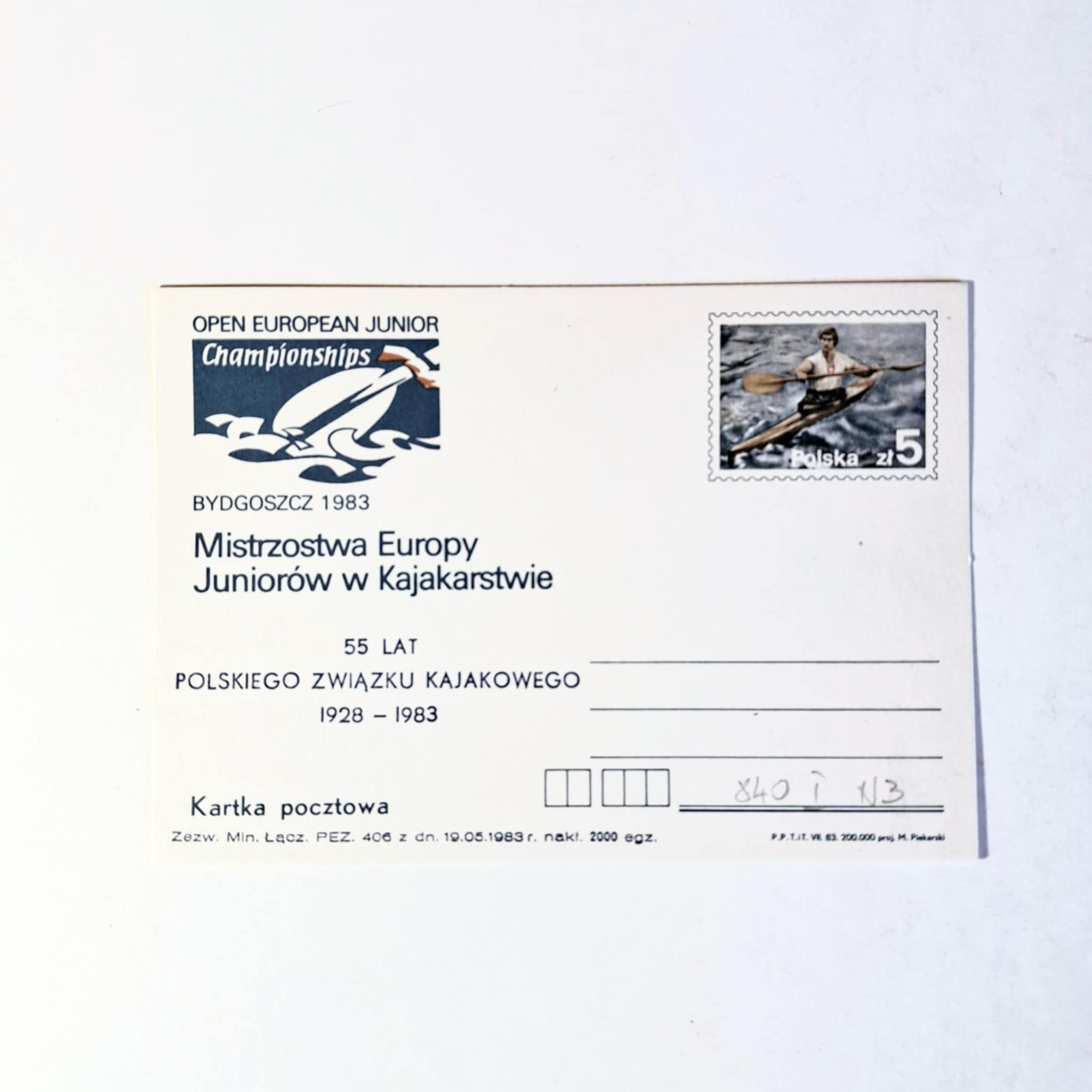 Fi 840 I N 3 całostka pocztowa Cp Mistrzostwa Europy Juniorów w kajakarstwie (Bydgoszcz 1983) nadruk N3 niebieski