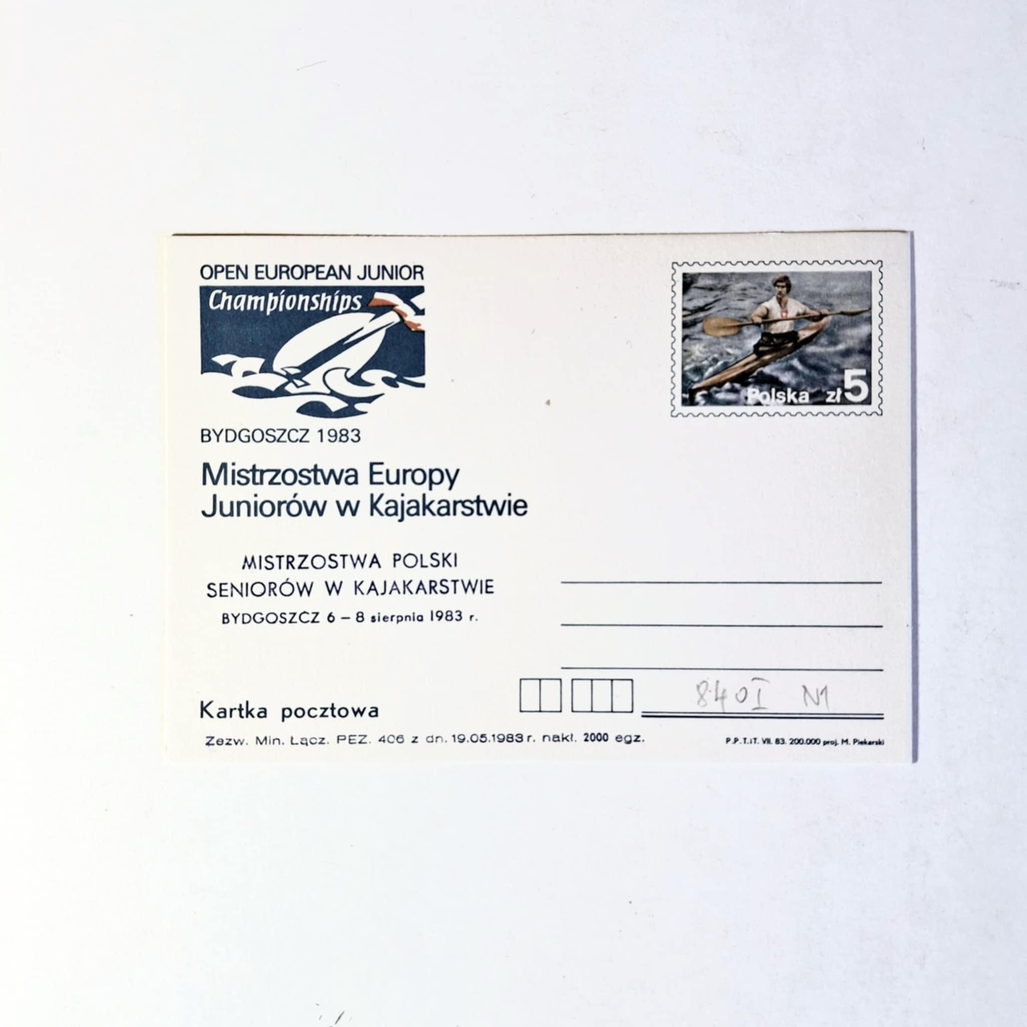 Fi 840 I N 1 całostka pocztowa Cp Mistrzostwa Europy Juniorów w kajakarstwie (Bydgoszcz 1983) nadruk N1 niebieski