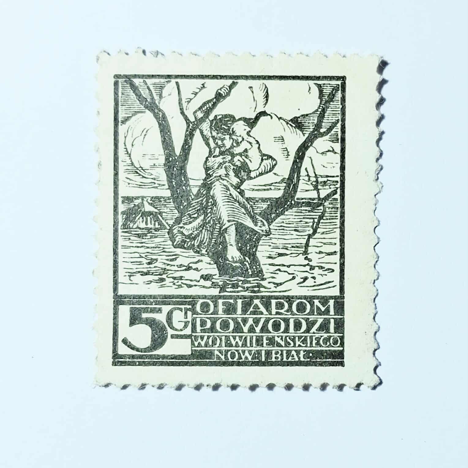 ZN 019 znaczek cegiełka - Ofiarom Powodzi woj. Wileńskiego i Now. i Biał 5 gr.