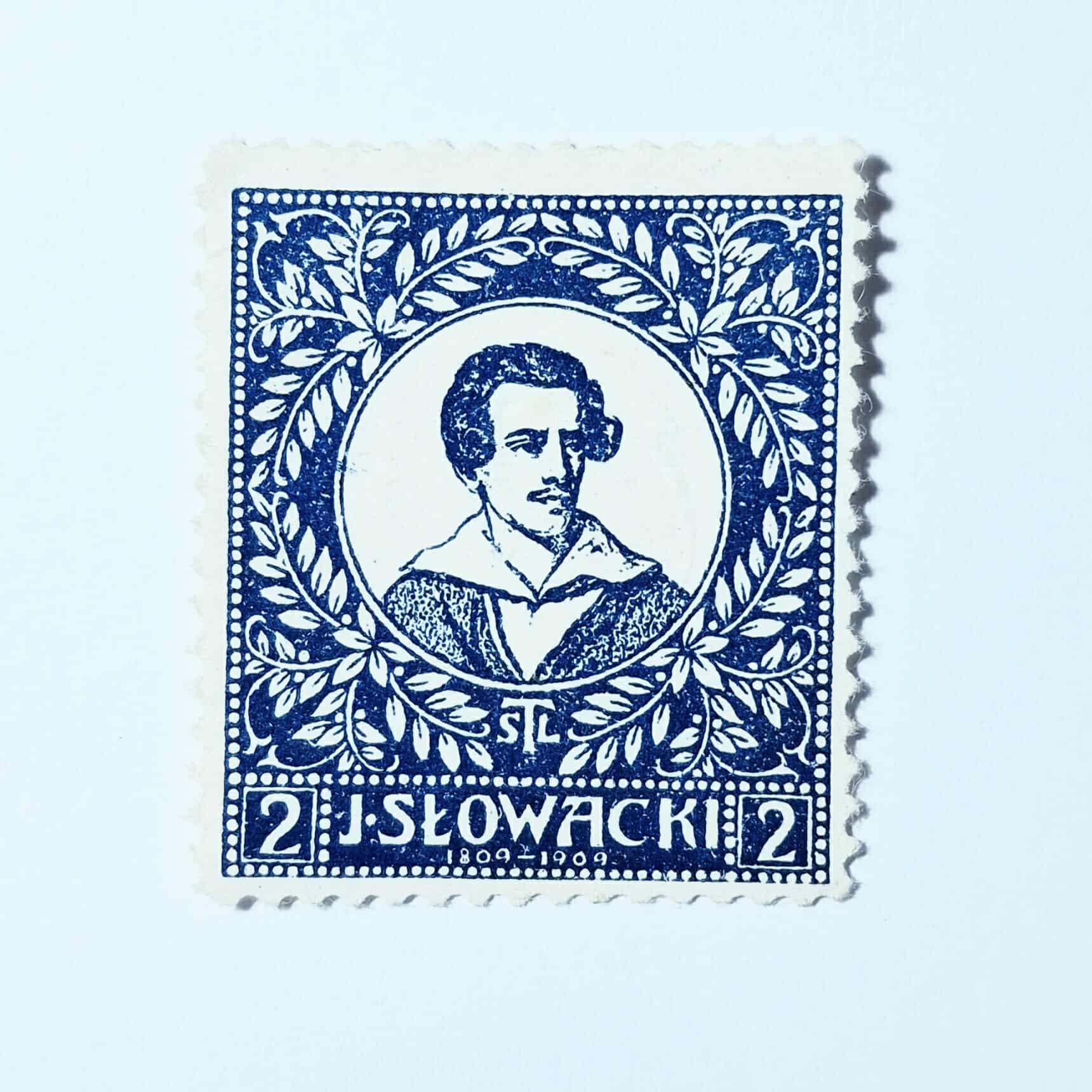 ZN 018 znaczek cegiełka - J. Słowacki niebieski STL ( Stowarzyszenie Szkoły Ludowej ) 2