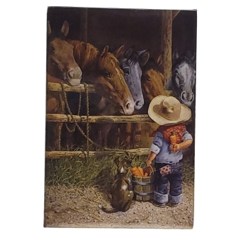 MAGNES NA LODÓWKĘ mały kowboj karmi konie marchewkami M14029